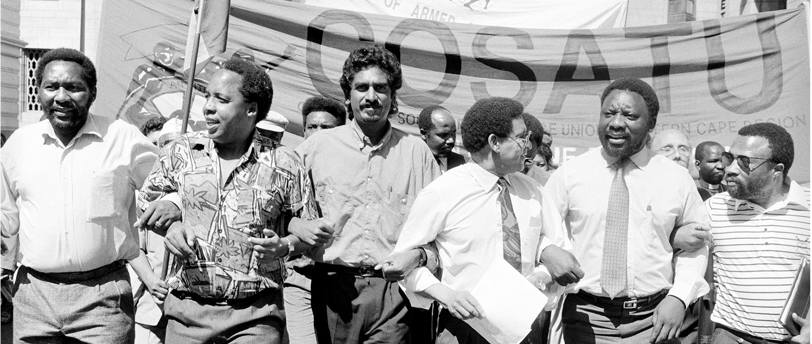 Protest march. From left: Tokyo Sexwale, Chris Hani, Jay Naidoo, Alan Boesak, Cyril Ramaphosa, Tony Yengeni. (Benny Gool)