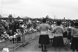 Archbishop Tutu speaking in Khayelitsha where the ANC Women’s League pays tribute at a funeral of murdered civic leader, Michael Mapongwana in 1991.