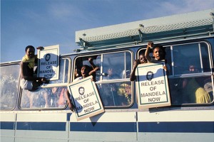 A protest as part of the 1989 Defiance Campaign on the road to Victor Verster Prison in Paarl. 80 % of the buses were stopped before they left their areas