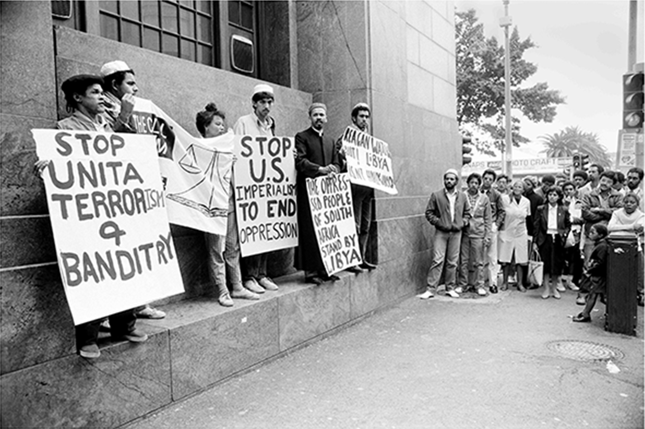 Benny Gool and Faried Esack with others at a Call of Islam protest at the General Post Office in Darling Street, Cape Town.