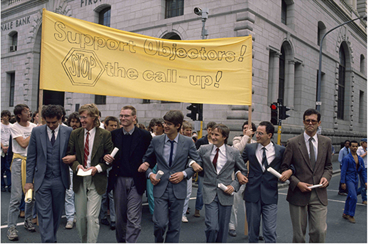 Young men protest against national service, Cape Town city centre in 1989. Kobus Pienaar is on the far right