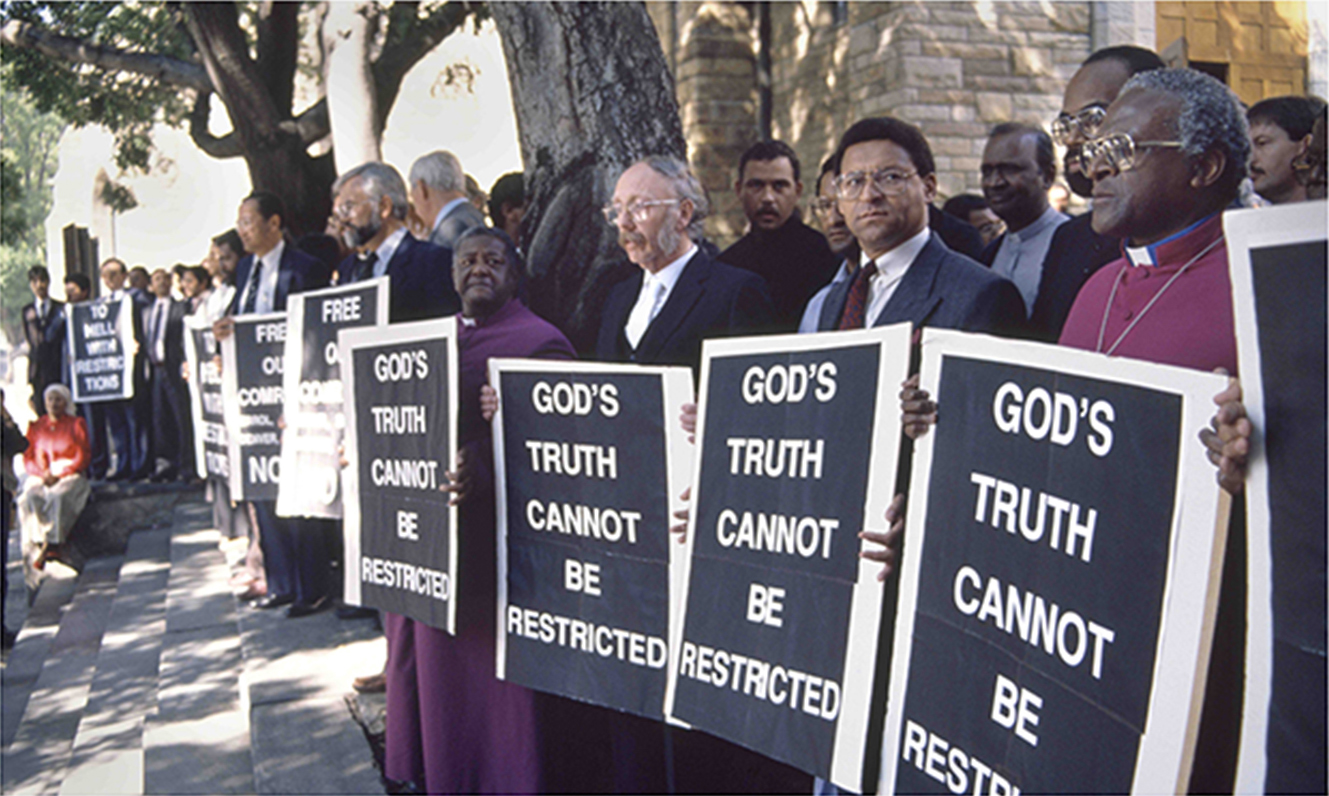 Clerics including Archbishop Desmond Tutu and Alan Boesak stage a protest on the steps of St. George’s Cathedral