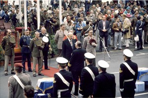 The South African Defence Force bids farewell to the former Minister of Defence, Prime Minister, and President of the Republic of South Africa, P.W. Botha at a ceremony held on the streets of Cape Town in late October 1989