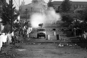 Police use the sneeze machine in Ashton during the 1990 Defiance Campaign