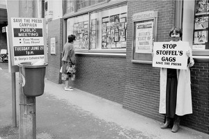 A gagged journalist outside Independent Newspapers in Cape Town protesting against the draconian press laws during the Save the Press Campaign in 1989
